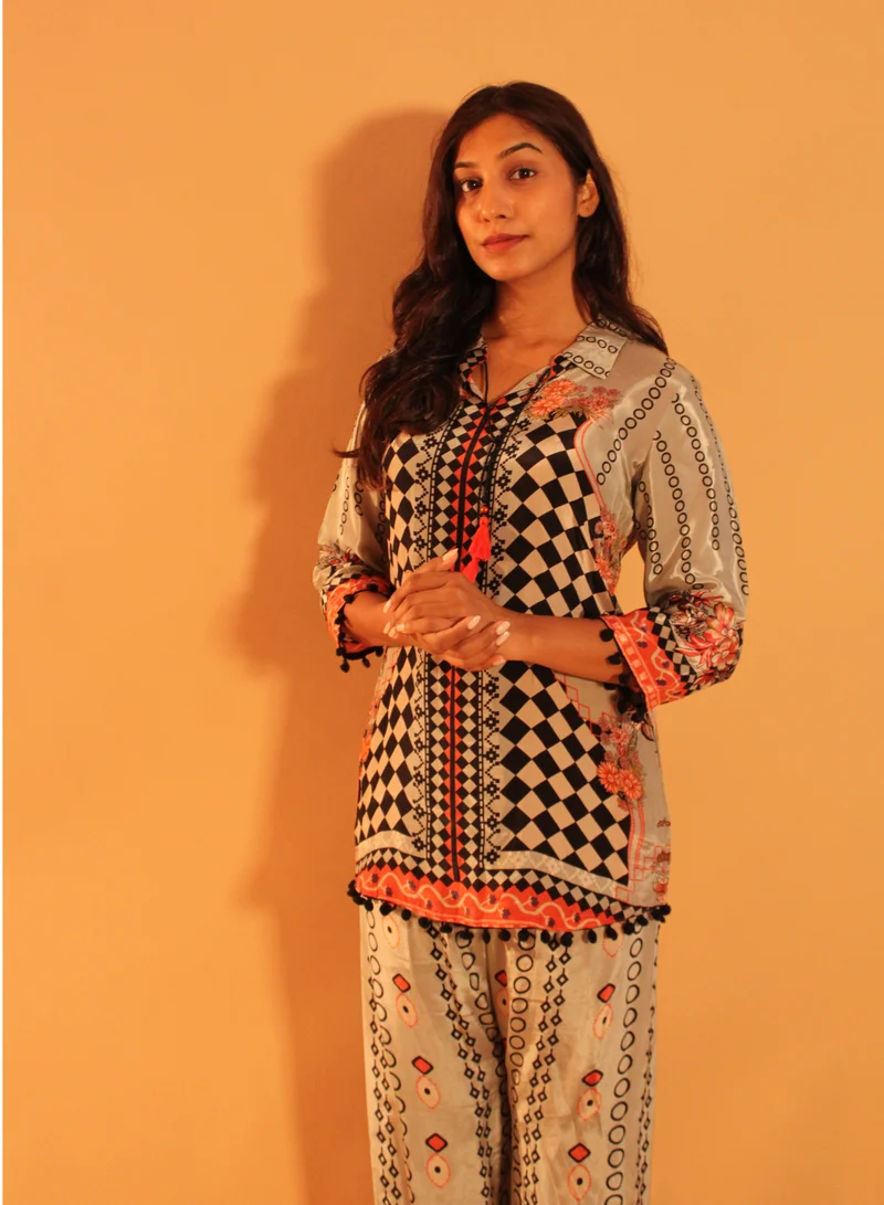 Zaha Dxb  Grey Black Printed Co-ord Set | Silk Blend Ethnic Wear for Women for Women | Best Price UAE