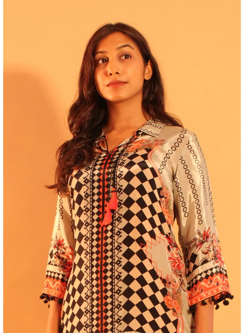 Zaha Dxb  Grey Black Printed Co-ord Set | Silk Blend Ethnic Wear for Women for Women | Best Price UAE