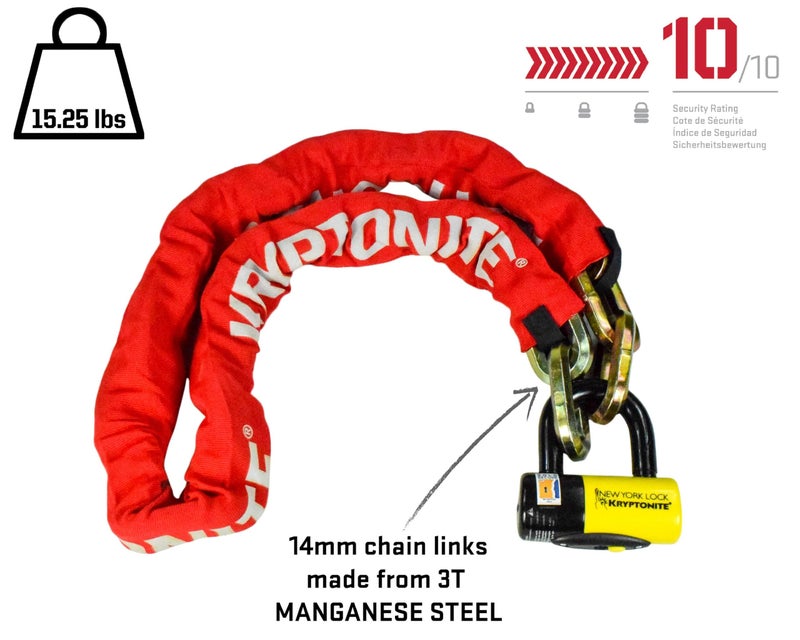 Kryptonite New York Fahgettaboudit 1415 Chain w/NY Disc Lock - 5', 14mm Chain and 15mm Lock High-Security Anti-Theft Protection for Bicycle, E-Bike, Scooter, Motorcycles, and ATV/UTV - Red - Image 2
