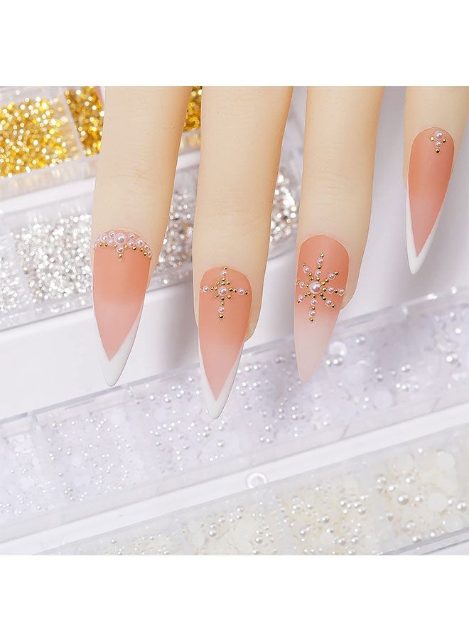 Nail Art Charms - Metal Silver  Gold Beads, Flat Back Round Rhinestones, Small Nail Pearls, 3D Mixed Sizes Decorations for Nails - Image 4