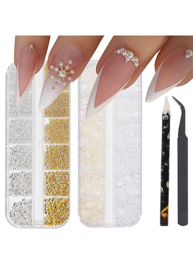 Nail Art Charms - Metal Silver  Gold Beads, Flat Back Round Rhinestones, Small Nail Pearls, 3D Mixed Sizes Decorations for Nails - Image 1