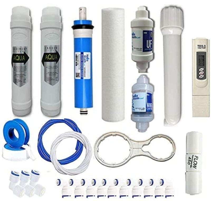 WHOLER® AQUA HEALTH CARE 1 Year Complete Service Kit for All Kind of RO Water Purifier, 80 GPD Membrane, Sediment Filter, Carbon Filter, Spanner, UF and Mineral, Pipe with Accessories - Image 1