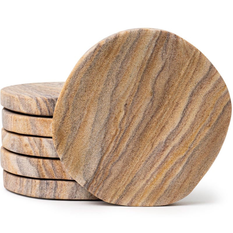 Cork & Mill Absorbent Coasters Set of 6 - Water Absorbing Sandstone Coasters for Drinks - Perfect for Coffee Table, Office Desk, Outdoor, Bedroom Nightstand - 4" Round - Unique Irregular Edge Design - Image 1