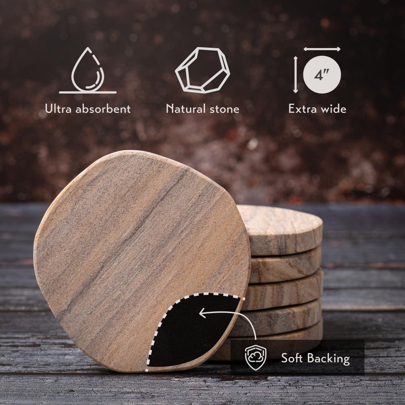 Cork & Mill Absorbent Coasters Set of 6 - Water Absorbing Sandstone Coasters for Drinks - Perfect for Coffee Table, Office Desk, Outdoor, Bedroom Nightstand - 4" Round - Unique Irregular Edge Design - Image 3