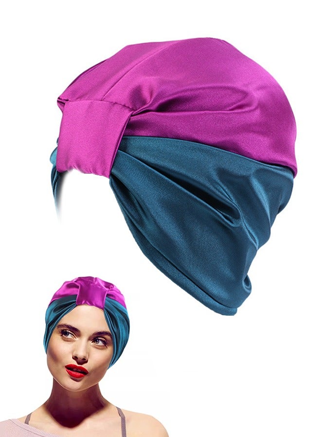 Shower Caps for Women, Satin Reusable Double Layer Protective Shower Hair Caps, Elastic Hem Turban Silk Nightcap Haircare Cap (Blue+Purple) - Image 1