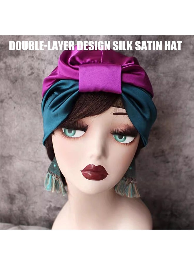 Shower Caps for Women, Satin Reusable Double Layer Protective Shower Hair Caps, Elastic Hem Turban Silk Nightcap Haircare Cap (Blue+Purple) - Image 3