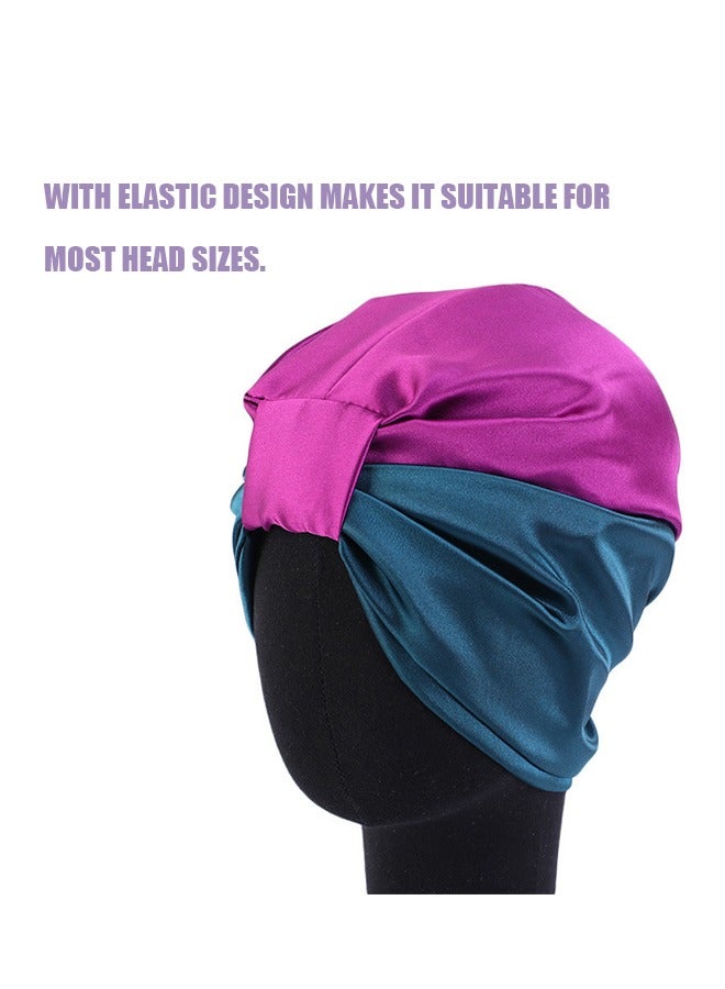 Shower Caps for Women, Satin Reusable Double Layer Protective Shower Hair Caps, Elastic Hem Turban Silk Nightcap Haircare Cap (Blue+Purple) - Image 2