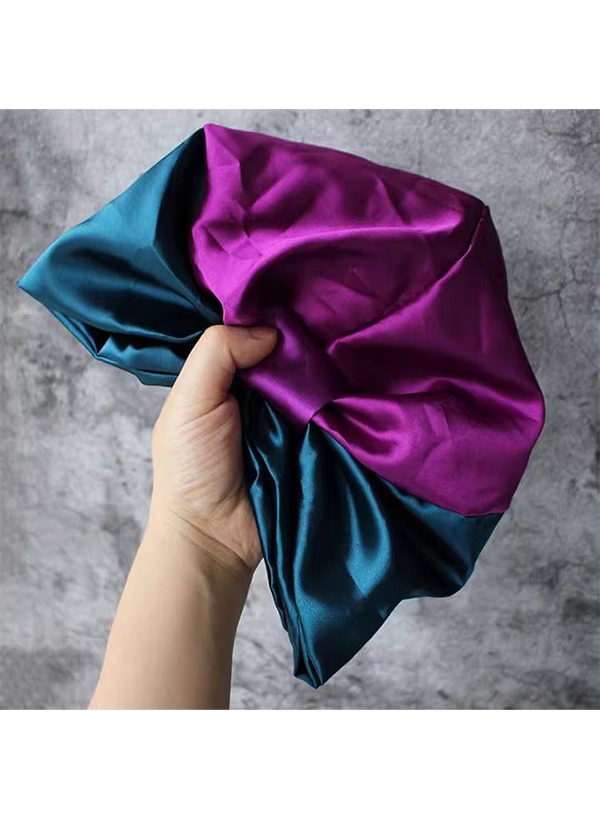 Shower Caps for Women, Satin Reusable Double Layer Protective Shower Hair Caps, Elastic Hem Turban Silk Nightcap Haircare Cap (Blue+Purple) - Image 5