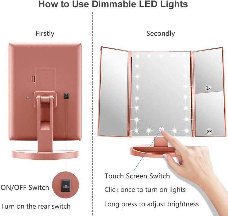 WEILY Lighted Makeup Mirror, Tri-fold Vanity Mirror with 1X/2X/3X Magnification Mirrors, 21 Natural LED Nights and Touch Screen, Chargeable Travel Cosmetic Mirror for Desktop (Rose Gold) Consistent steady quality - Image 5