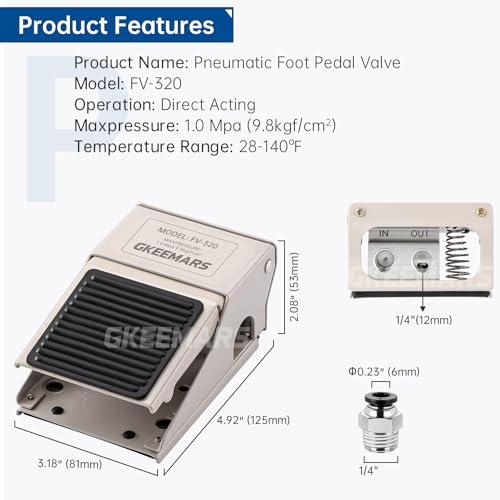 GKEEMARS Pneumatic Foot Pedal Valve FV-320 1/4” NPT Threaded Rubber Nonslip Pressure Control Foot Operated Pedal 2 Position 3 Way - Image 4
