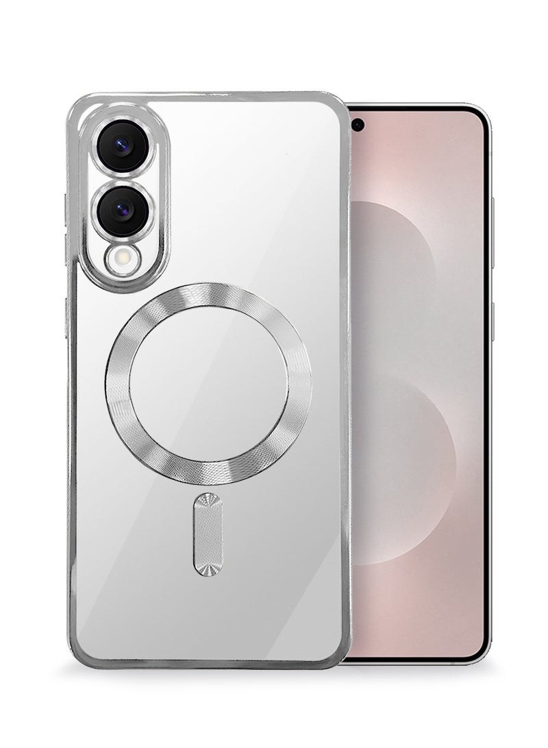 Wtech Samsung Galaxy S25 Edge 5G 2025 Magsafe PU Luxury Plating Raised Lips Camera Hole With Camera Lens Protection Case Cover - Clear/Silver - Image 1