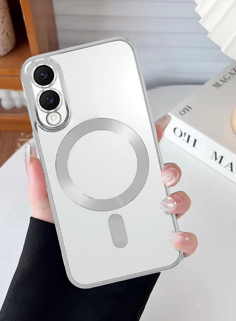 Wtech Samsung Galaxy S25 Edge 5G 2025 Magsafe PU Luxury Plating Raised Lips Camera Hole With Camera Lens Protection Case Cover - Clear/Silver - Image 4