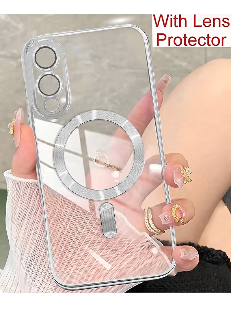 Wtech Samsung Galaxy S25 Edge 5G 2025 Magsafe PU Luxury Plating Raised Lips Camera Hole With Camera Lens Protection Case Cover - Clear/Silver - Image 5