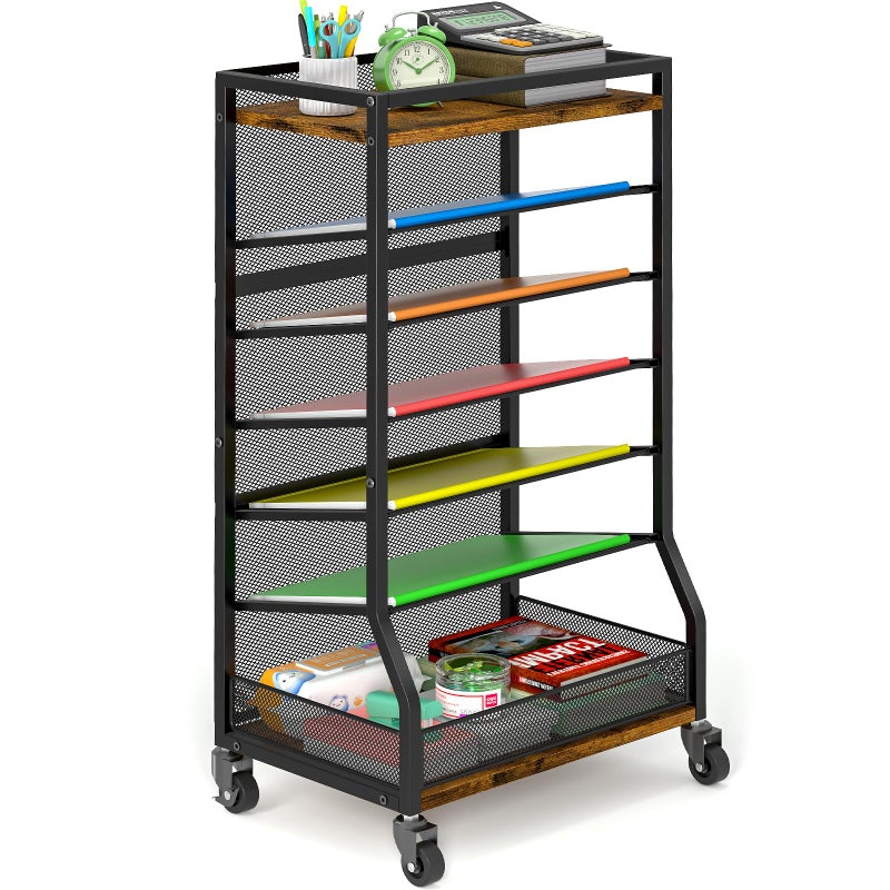ThreeHio 7 Tier Rolling File Cart with Sliding Trays Wood Metal File Organizer Beside Desk FreeStanding File Holder Paper Letter Tray Organizer Mesh Desk Organizer for Home Office School Patent