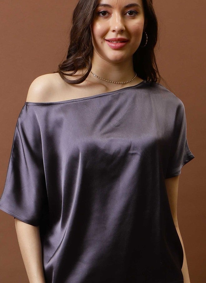 Athena بلوزة بأكمام كيمونو ساتان بنفسجي للنساء - Image 2