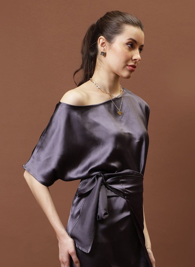 Athena بلوزة بأكمام كيمونو ساتان بنفسجي للنساء - Image 3