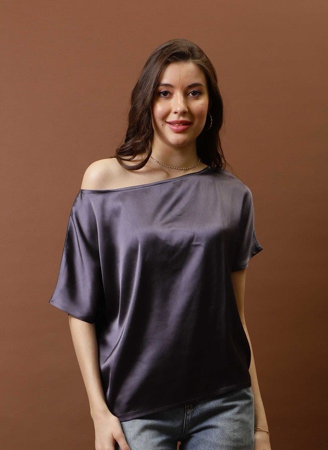 Athena بلوزة بأكمام كيمونو ساتان بنفسجي للنساء - Image 1