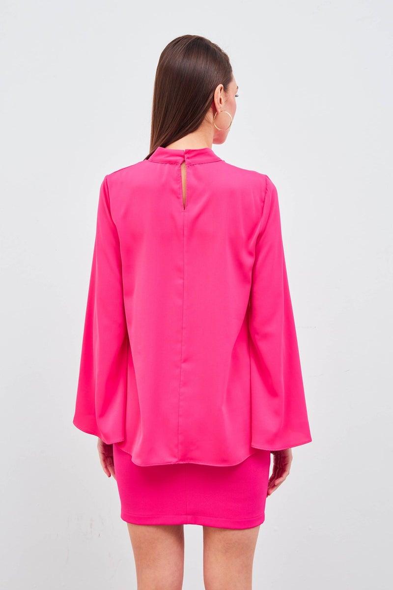 SATEEN Necklace Spanish Sleeve Blouse - Fuchsia - Image 5