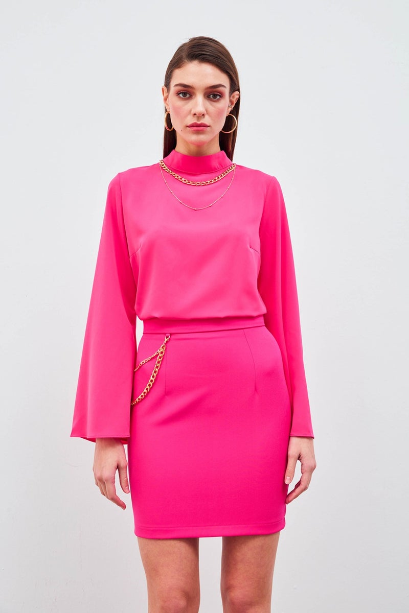 SATEEN Necklace Spanish Sleeve Blouse - Fuchsia - Image 1