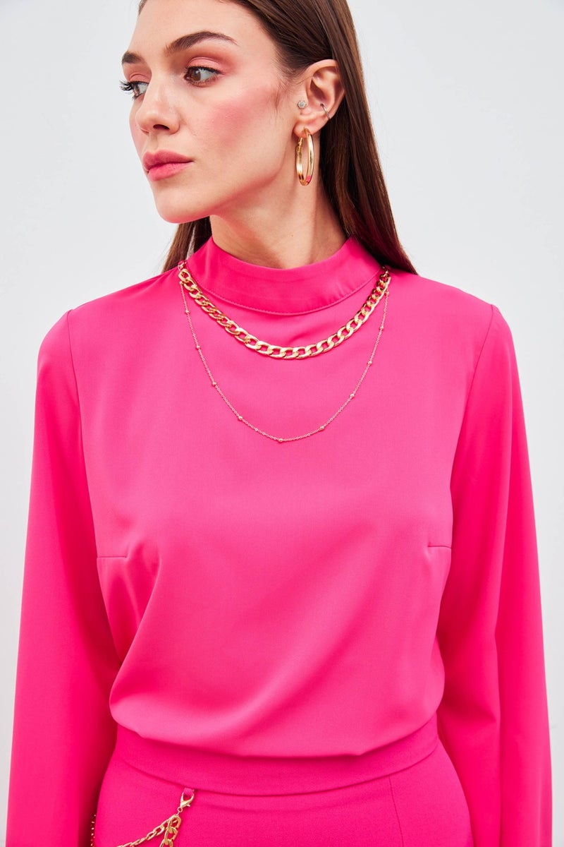 SATEEN Necklace Spanish Sleeve Blouse - Fuchsia - Image 2