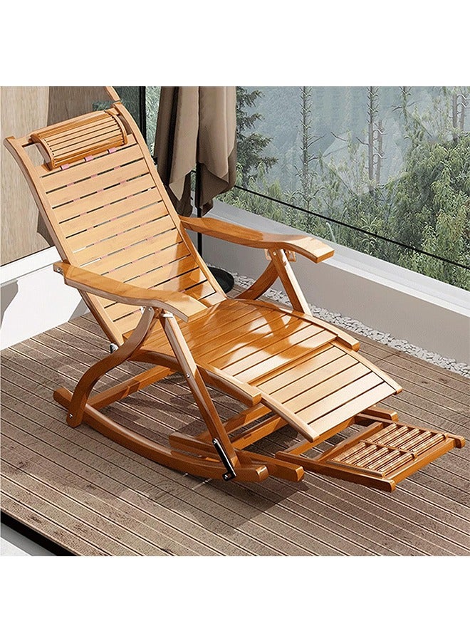 CityRiya-Long Rocking Chair Foldable Reclining Lounge Chair Outdoor Relaxing Chair Modern Bamboo Leisure Recliner Chair Comfortable Sun Loungers Side Chair with Armrest for Patio Balcony Pool Garden - Image 1