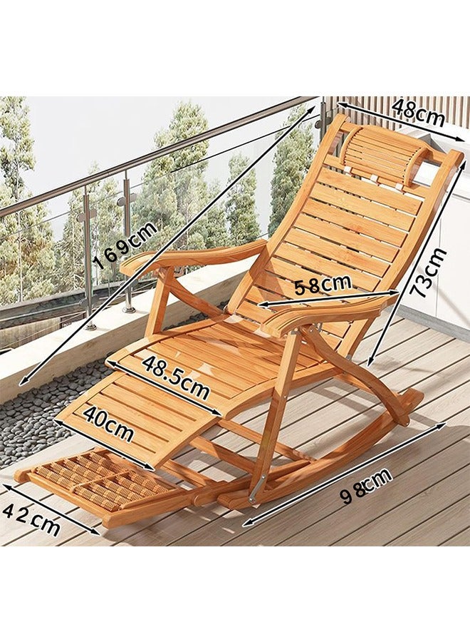CityRiya-Long Rocking Chair Foldable Reclining Lounge Chair Outdoor Relaxing Chair Modern Bamboo Leisure Recliner Chair Comfortable Sun Loungers Side Chair with Armrest for Patio Balcony Pool Garden - Image 3