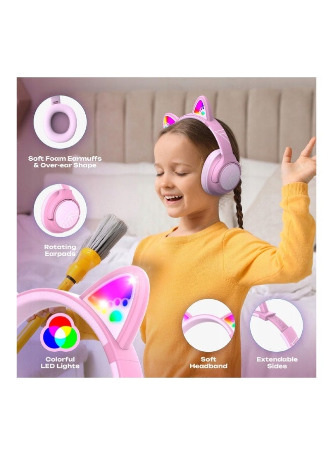PowerLocus Bobo - Wireless Headphones for Kids - Bluetooth Headphones - 74/85/94dB Volume Limit - Cat Earphones - LED Lighting - Pink - Image 3