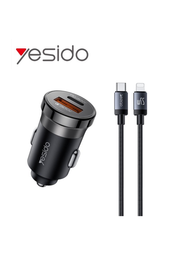Yesido Y73 30W Fast Car Charger Set - Dual Port (USB-C PD + USB-A) Zinc Alloy Metal Adapter with 1m Type-C to Lightning Cable - Black