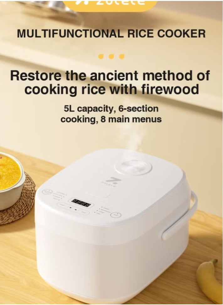 ZOLELE Smart Rice Cooker 5L ZB600 With 16 Preset Cooking Functions, 24-Hour Timer, Warm Function, and Non-Stick Inner Pot- Pure White