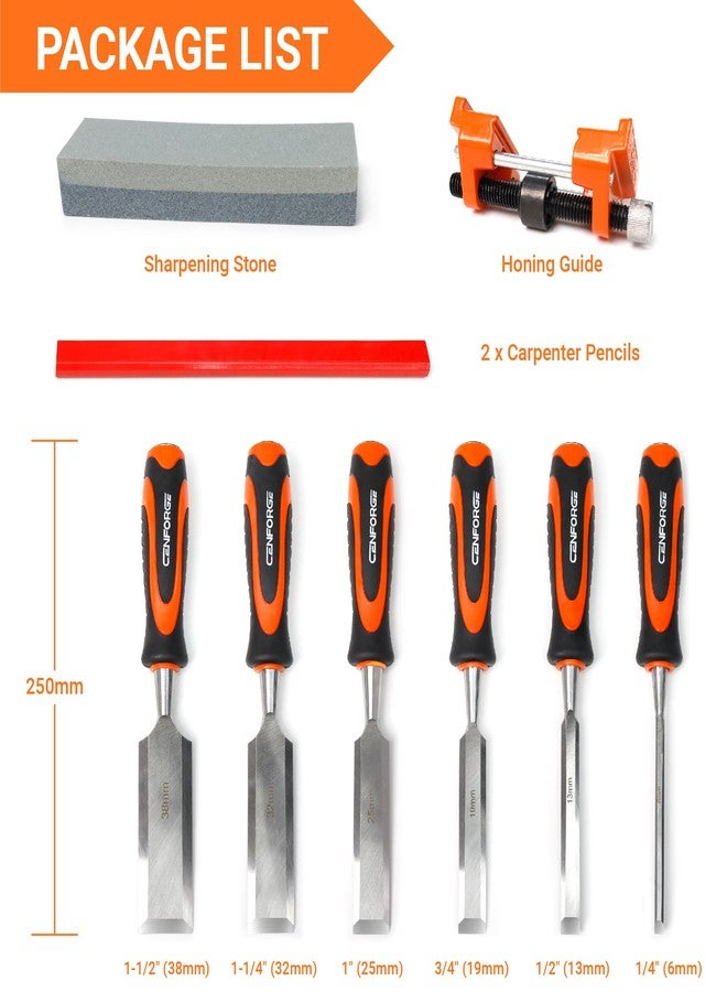 Cenforge 10-PC Wood Chisel Set, 6 Wood Chisels with 1 Honing Guide, 1 Sharpening Stone and 2 Carpenter Pencils, Wood Chisels for Woodworking, formones para carpintería - Image 2