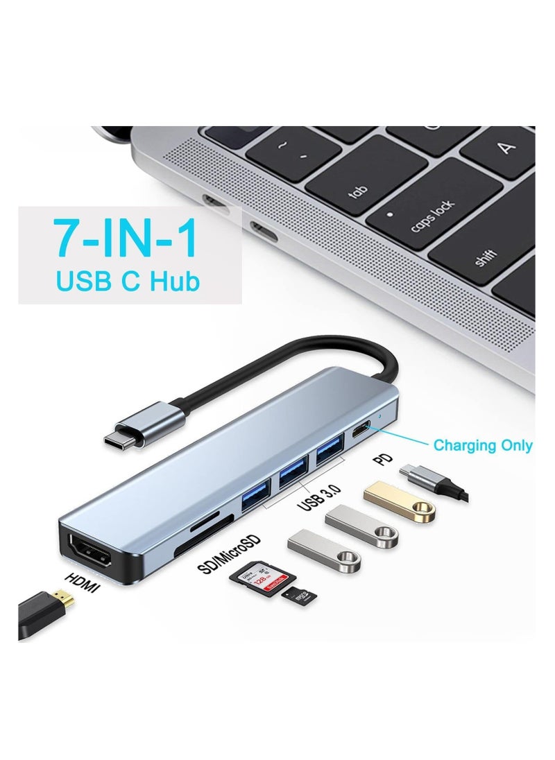 USB C Hub 7 in 1,USB C Adapter with 4K HDMI, Two USB-C Ports, USB 3.0, SD/TF Card Reader, Compatible with MacBook Pro & Air USB C Laptop and Other Type C Devices,Supports 100 W Fast Charging