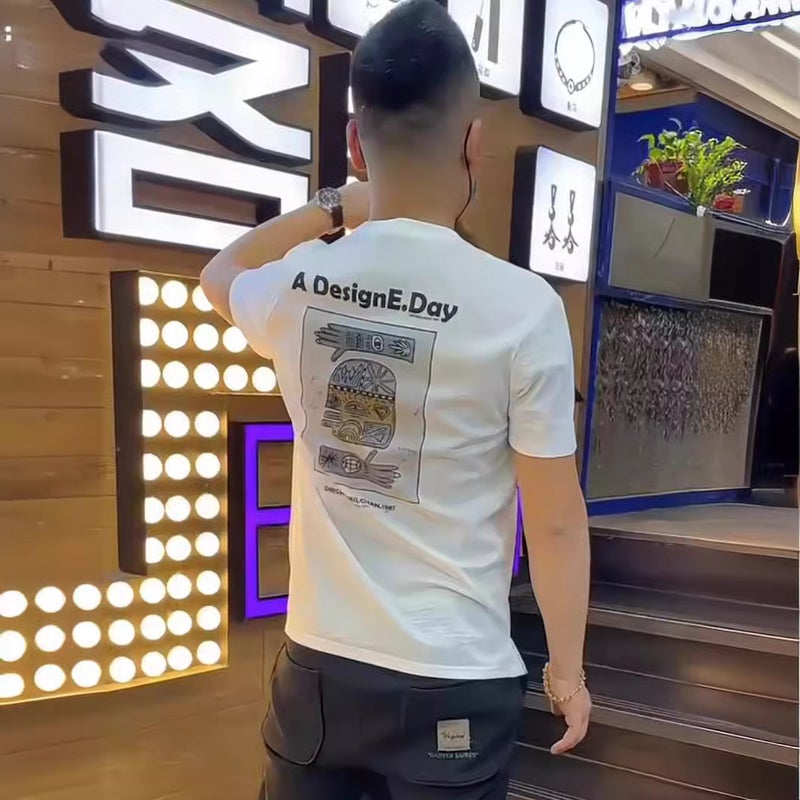 Trendy Brand Pure Cotton Short-Sleeved T-Shirt For Men 2024 Fun Cartoon Print Youth Slim Half-Sleeved T-Shirt - Image 4