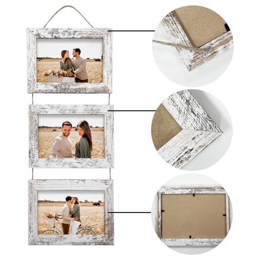 Rexllon 5x7 Wall Hanging Picture Frames Collage with 3 Opening Distressed White Frames - Image 3