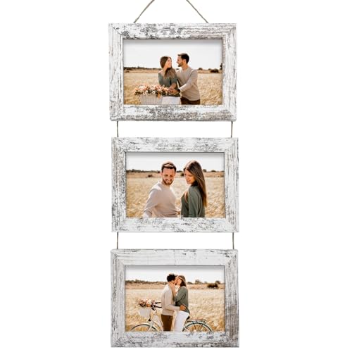 Rexllon 5x7 Wall Hanging Picture Frames Collage with 3 Opening Distressed White Frames - Image 1