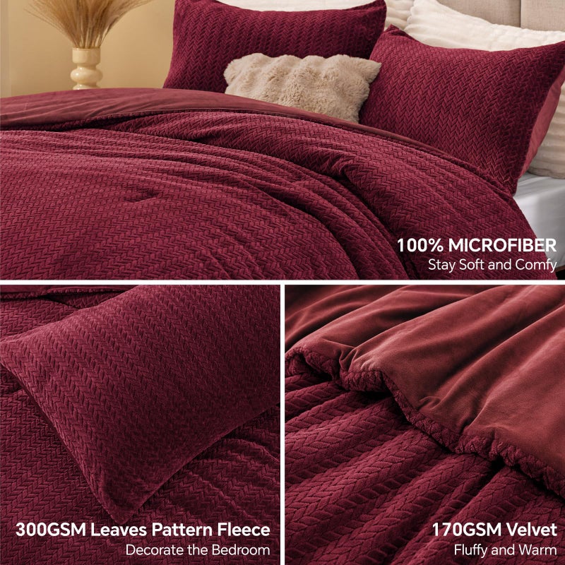 ChiXpace Flannel Fleece Queen Comforter Set - Furry Burgundy Leaves Pattern Faux Fur Bed Set, Winter Ultra Soft Fuzzy Comfort Set, Velvet Bedding Set for Bed with 2 Pillow Cases - Image 2