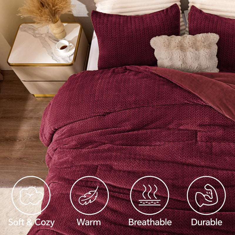 ChiXpace Flannel Fleece Queen Comforter Set - Furry Burgundy Leaves Pattern Faux Fur Bed Set, Winter Ultra Soft Fuzzy Comfort Set, Velvet Bedding Set for Bed with 2 Pillow Cases - Image 3