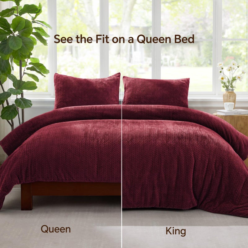 ChiXpace Flannel Fleece Queen Comforter Set - Furry Burgundy Leaves Pattern Faux Fur Bed Set, Winter Ultra Soft Fuzzy Comfort Set, Velvet Bedding Set for Bed with 2 Pillow Cases - Image 5
