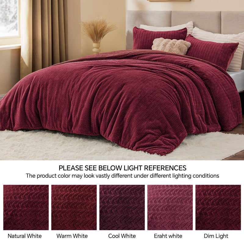 ChiXpace Flannel Fleece Queen Comforter Set - Furry Burgundy Leaves Pattern Faux Fur Bed Set, Winter Ultra Soft Fuzzy Comfort Set, Velvet Bedding Set for Bed with 2 Pillow Cases - Image 4