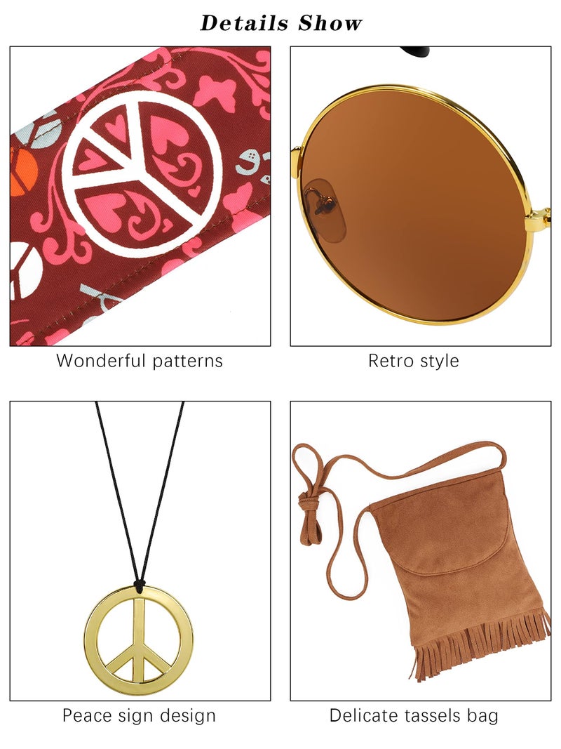 SOMSOC 7 Pieces 70s Women Hippie Costume Set Includes Fringe Vest Bag Pants Headband Peace Sign Necklace Earrings Sunglasses for Halloween (Brown) - Image 4