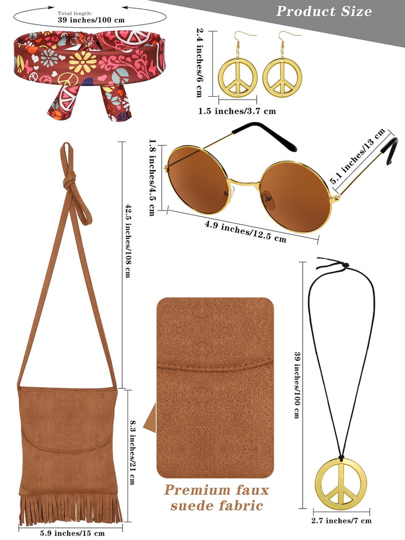 SOMSOC 7 Pieces 70s Women Hippie Costume Set Includes Fringe Vest Bag Pants Headband Peace Sign Necklace Earrings Sunglasses for Halloween (Brown) - Image 5