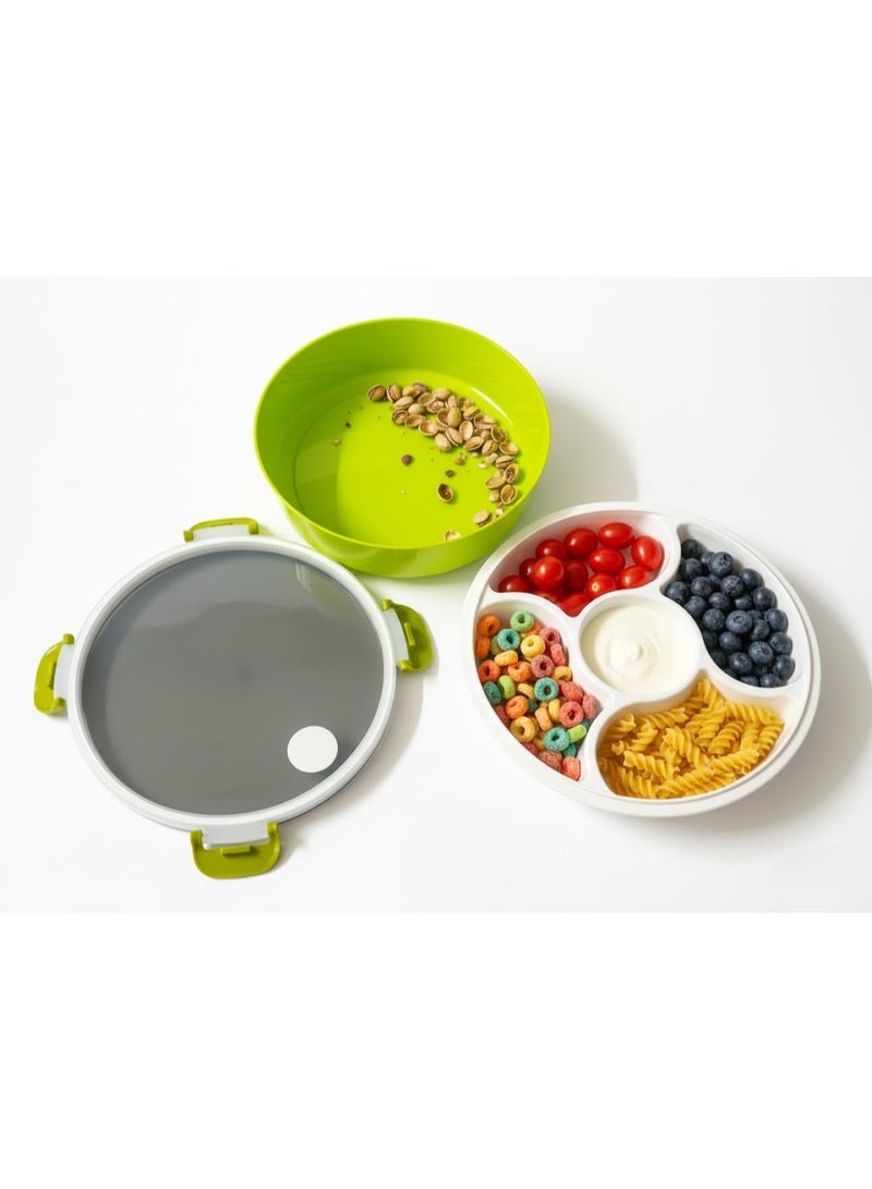 Multi-Section Food Storage Serving Plate with Airtight Lid, 5 Sections Round Divided Food Storage Plate for Snacks Fruits Nuts Appetizers (Multicolor) - Image 1