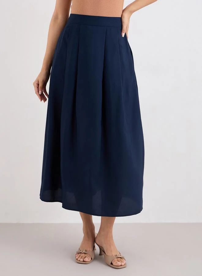 Styli Styli Women Navy Blue Midi Skirt with Box Pleat
