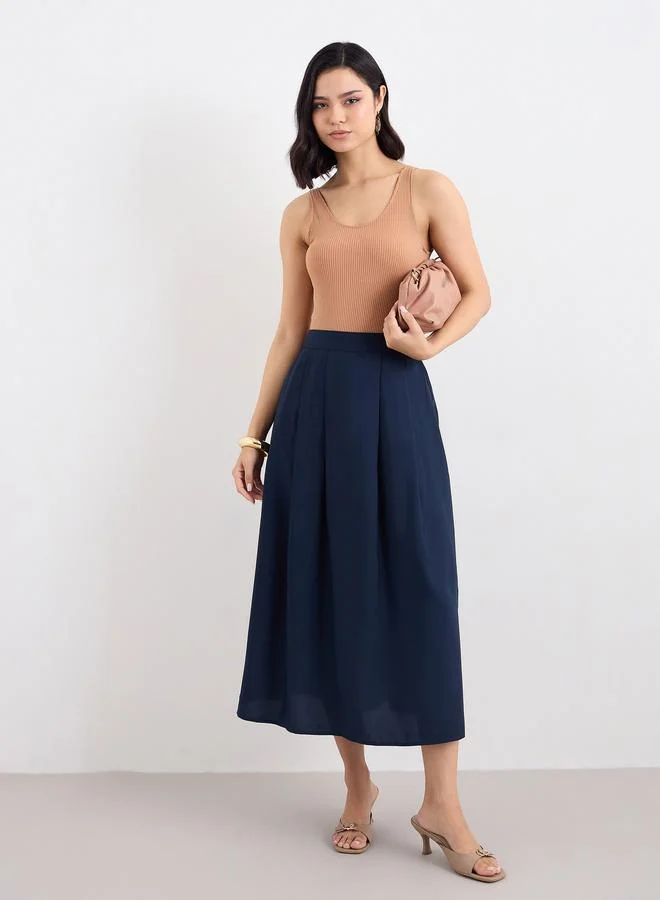 Styli Styli Women Navy Blue Midi Skirt with Box Pleat