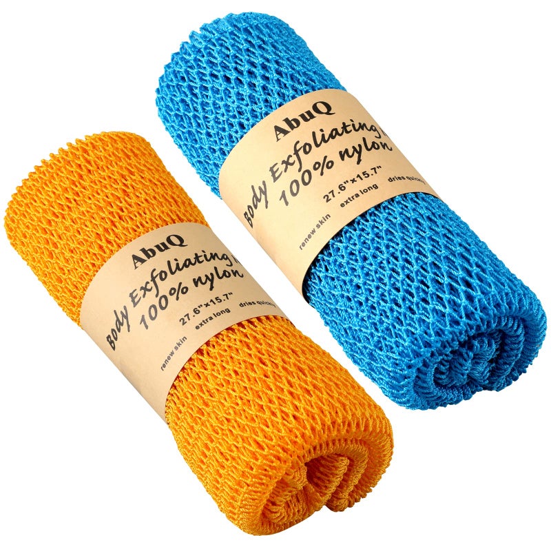 AbuQ 2 Pieces African net Sponge for exfoliatingAfrican exfoliating net African wash net African Ghana Sapos scrubbing washcloth rag for Smoother Skin and Daily useYellowBlue