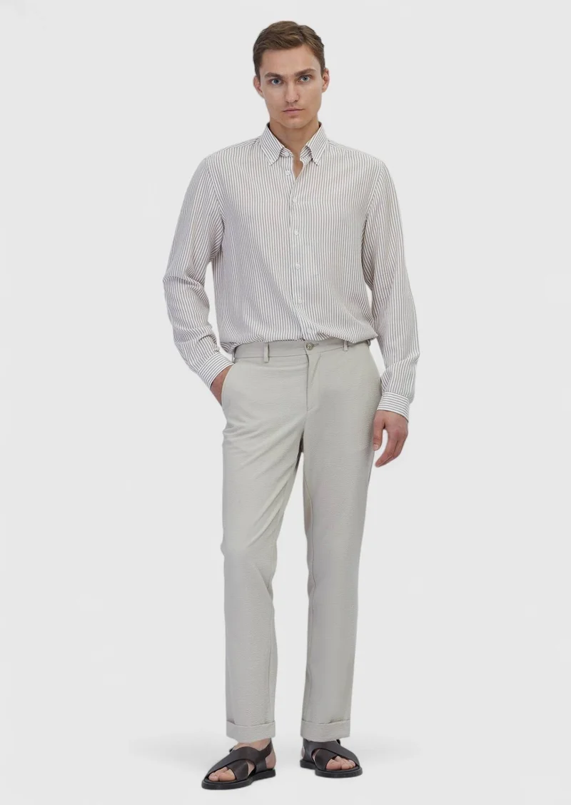 RAMSEY Beige Striped Casual Fit Long Weaving Casual Shirt