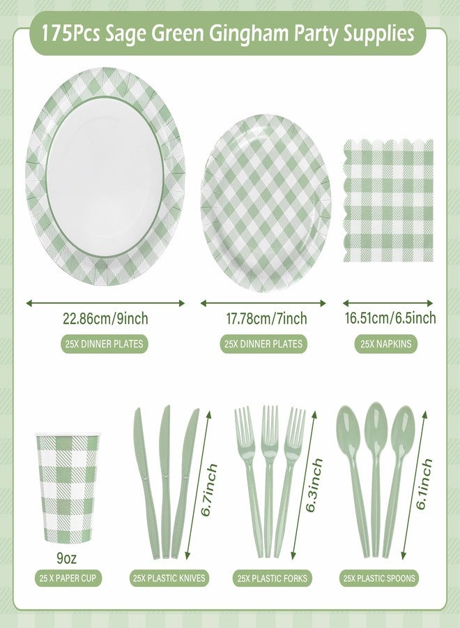 Purhapfre 175Pcs Sage Green Gingham Party Supplies for 25 Guests Thick Paper Plates and Napkins Knives Spoons Forks Cups Disposable Party Set Cutlery for Dinner Baby Shower Wedding Favor(Sage Green) - Image 2