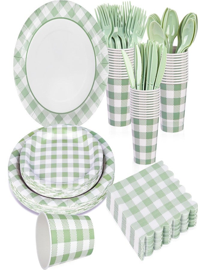 Purhapfre 175Pcs Sage Green Gingham Party Supplies for 25 Guests Thick Paper Plates and Napkins Knives Spoons Forks Cups Disposable Party Set Cutlery for Dinner Baby Shower Wedding Favor(Sage Green) - Image 1