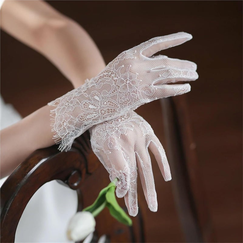 Elegant Handmade Short White Bridal Gloves with Eyelash Lace for Weddings, Proms & Pageants - Image 2