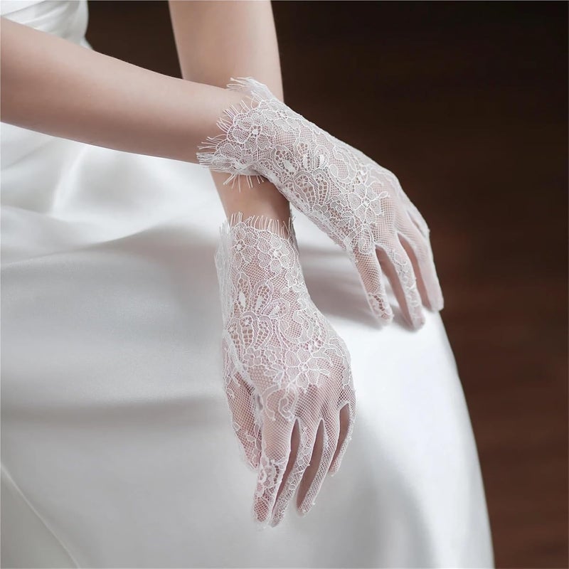Elegant Handmade Short White Bridal Gloves with Eyelash Lace for Weddings, Proms & Pageants - Image 4