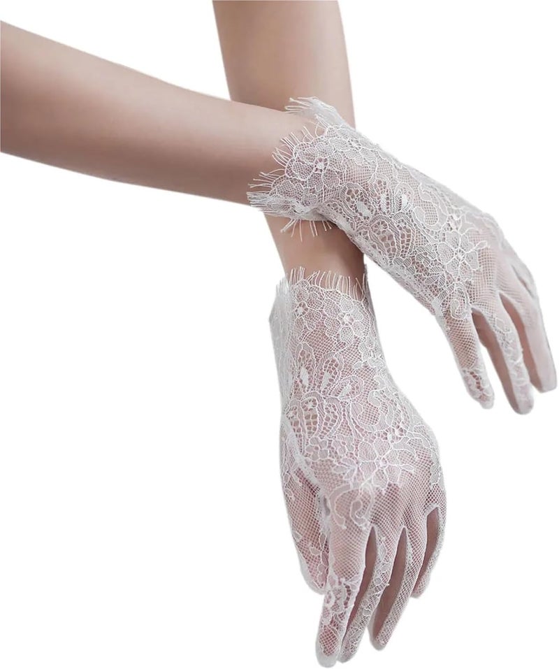 Elegant Handmade Short White Bridal Gloves with Eyelash Lace for Weddings, Proms & Pageants - Image 1